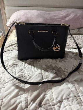 Michael Kors Black Saffiano Satchel with Gold MK Charm